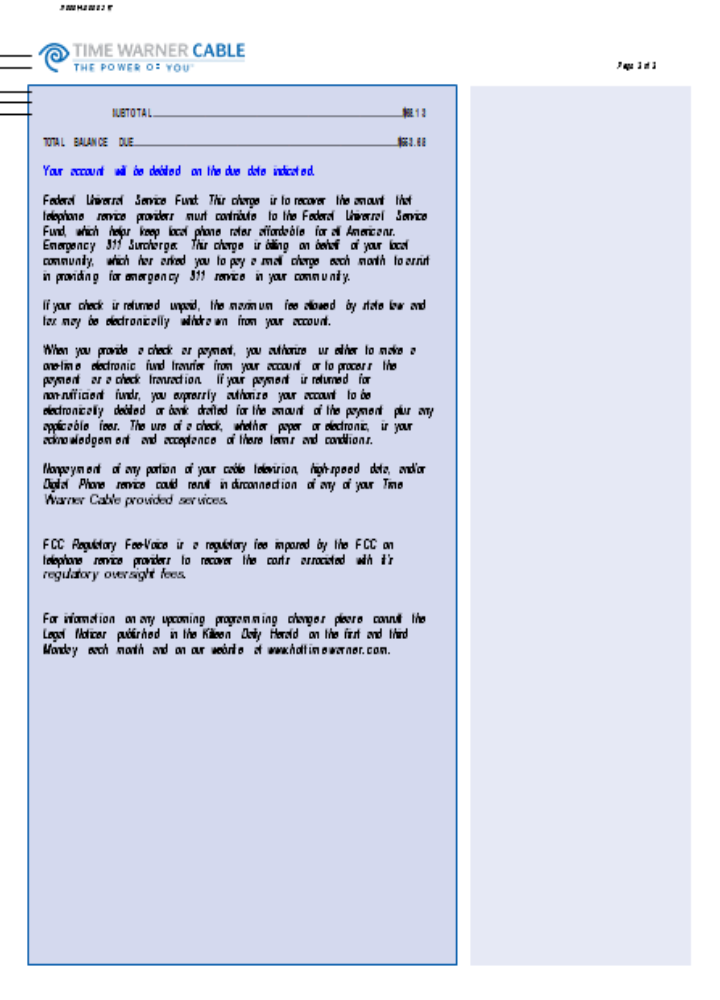 Time Warner Cabel utility business bill,  page 3, SCR PSD template